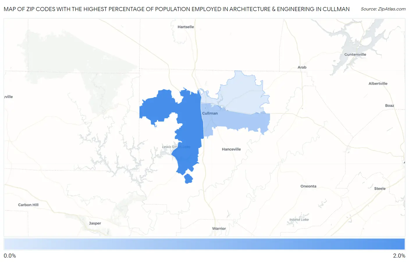 Zip Codes with the Highest Percentage of Population Employed in Architecture & Engineering in Cullman Map