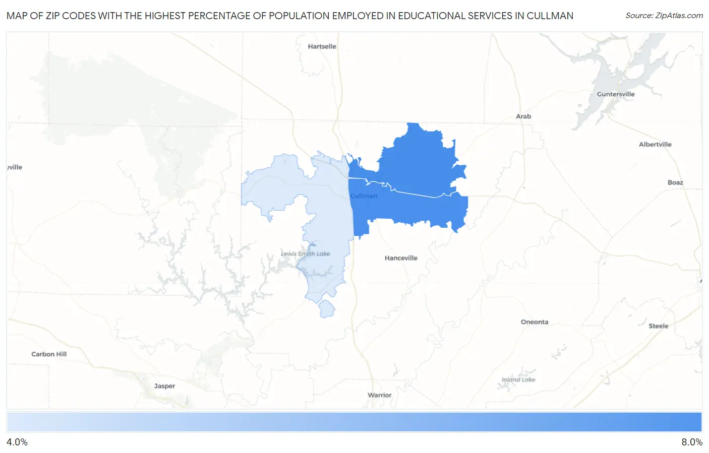 Zip Codes with the Highest Percentage of Population Employed in Educational Services in Cullman Map