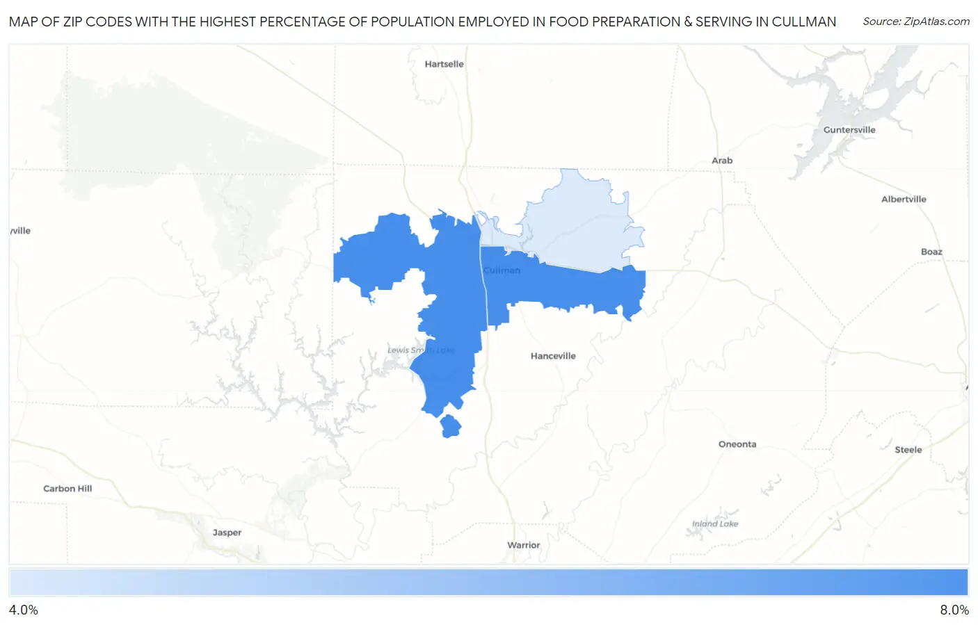 Zip Codes with the Highest Percentage of Population Employed in Food Preparation & Serving in Cullman Map