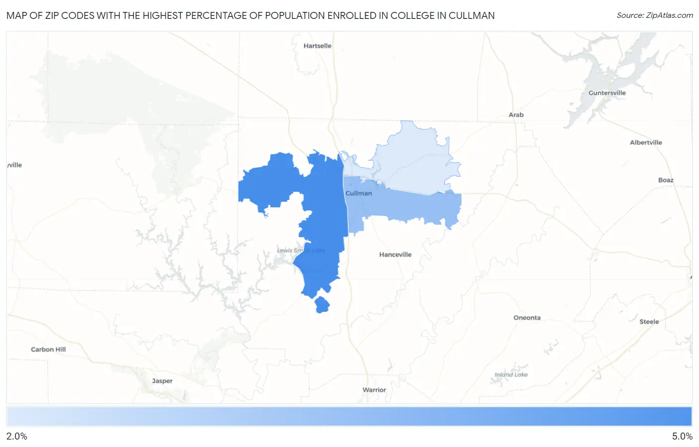 Zip Codes with the Highest Percentage of Population Enrolled in College in Cullman Map