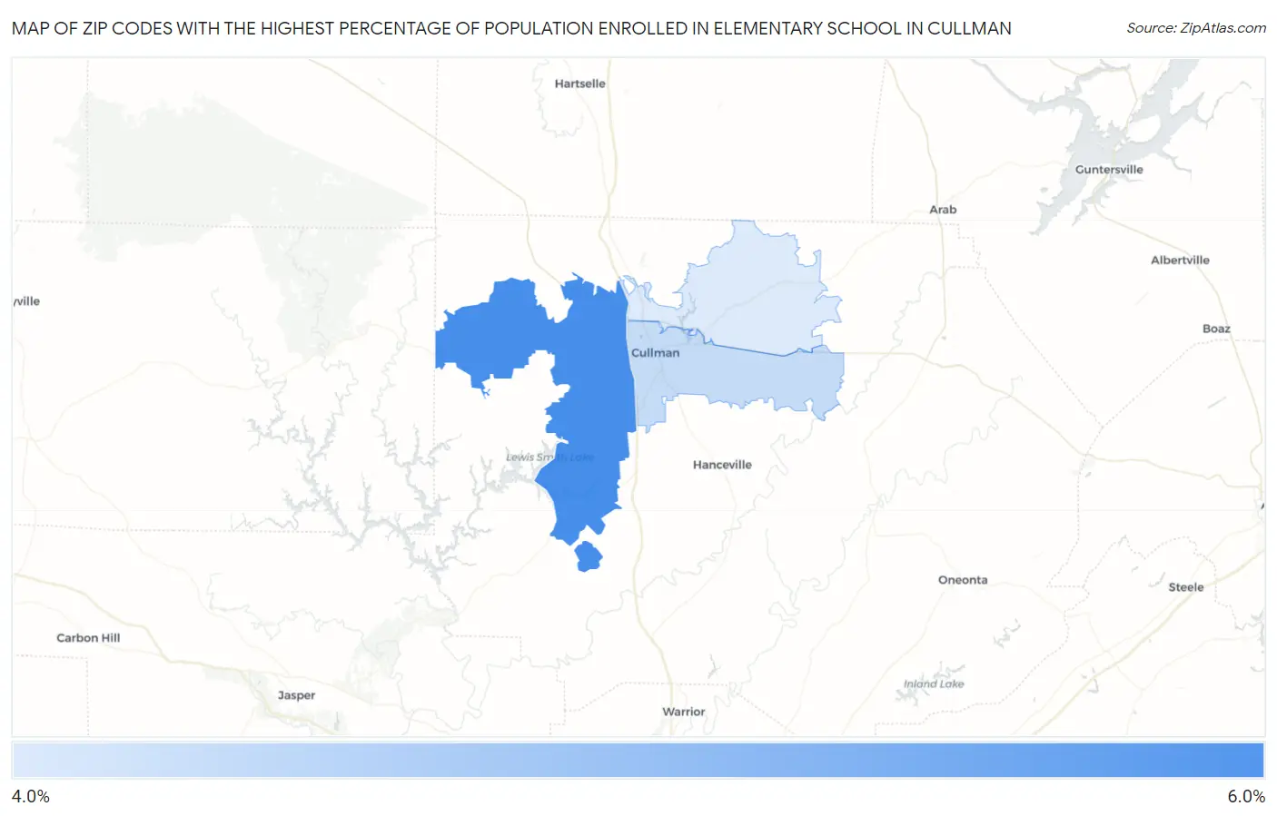 Zip Codes with the Highest Percentage of Population Enrolled in Elementary School in Cullman Map