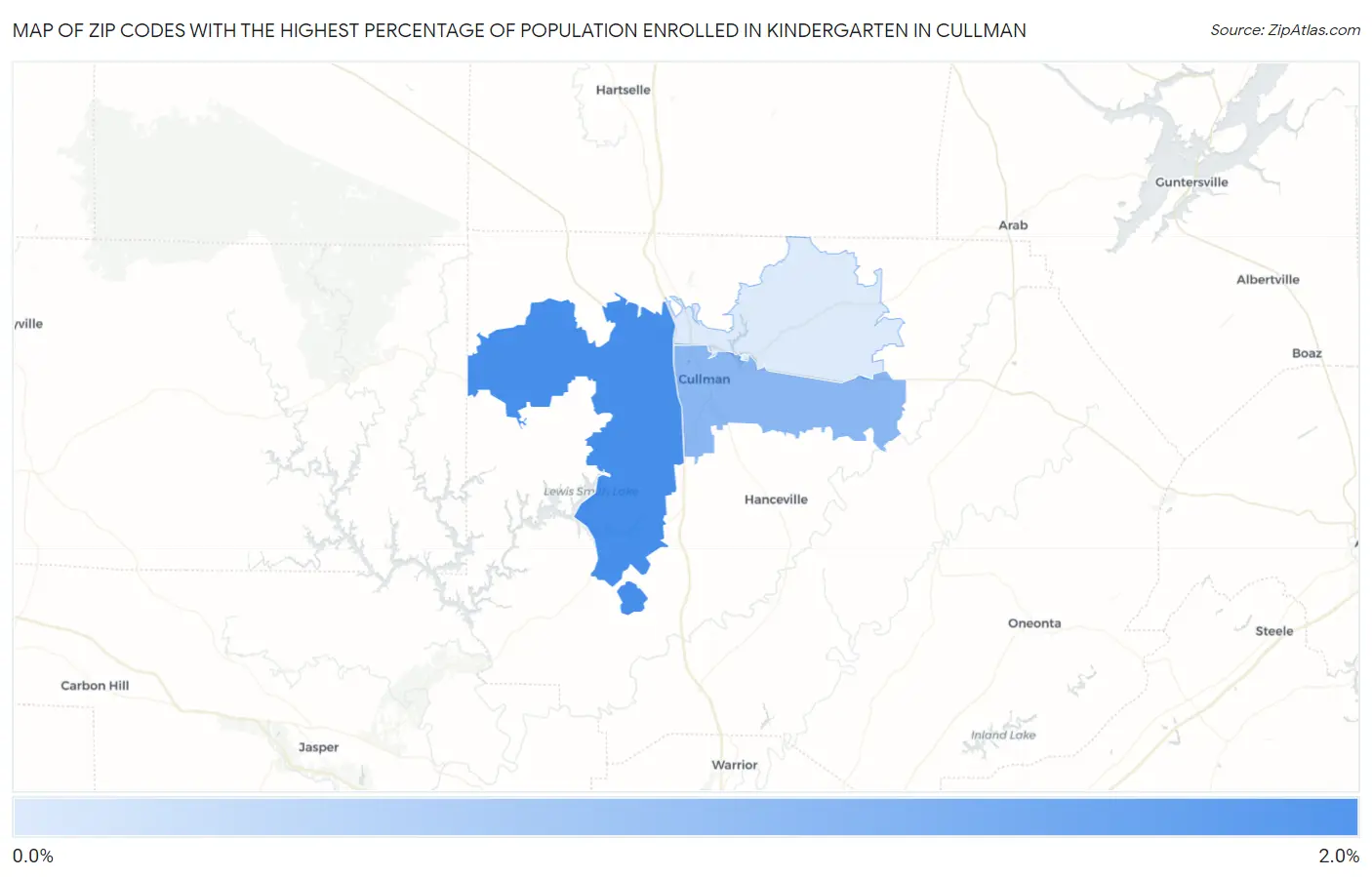 Zip Codes with the Highest Percentage of Population Enrolled in Kindergarten in Cullman Map