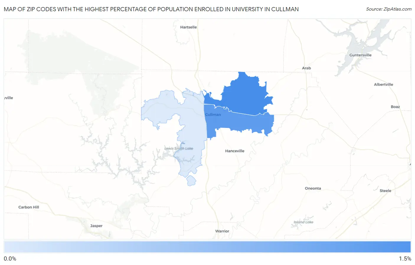 Zip Codes with the Highest Percentage of Population Enrolled in University in Cullman Map