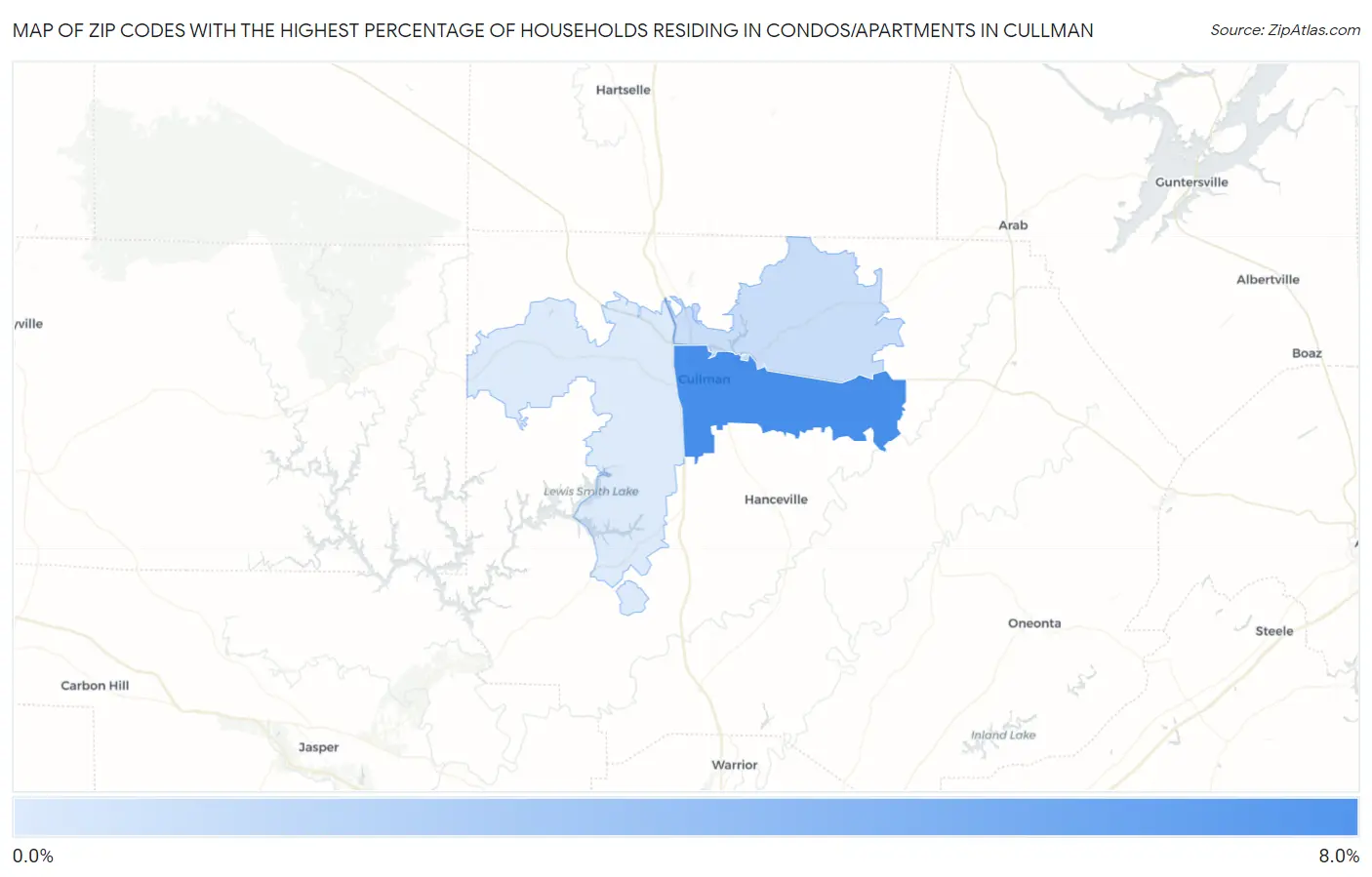 Zip Codes with the Highest Percentage of Households Residing in Condos/Apartments in Cullman Map