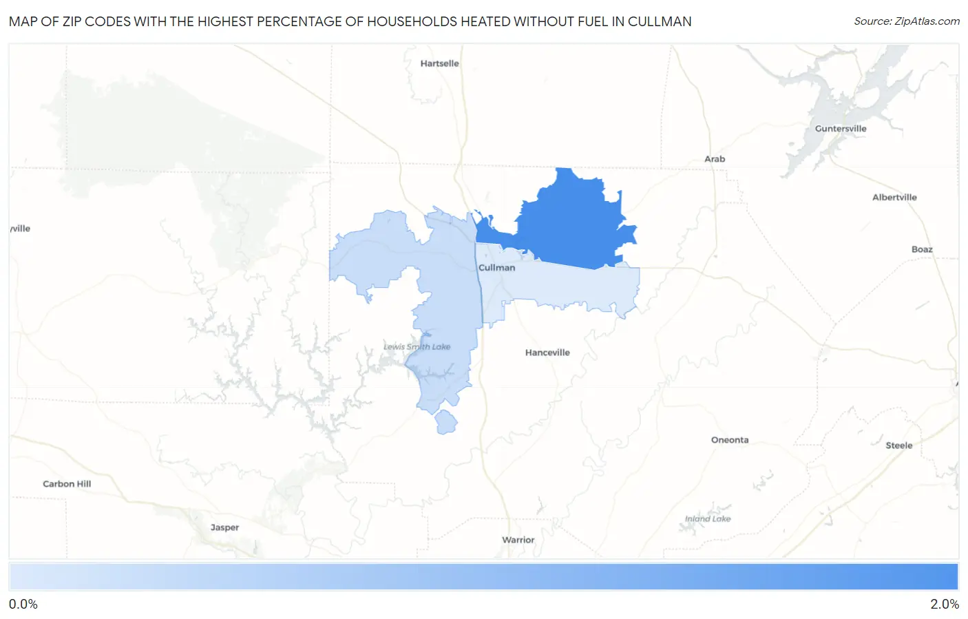 Zip Codes with the Highest Percentage of Households Heated without Fuel in Cullman Map