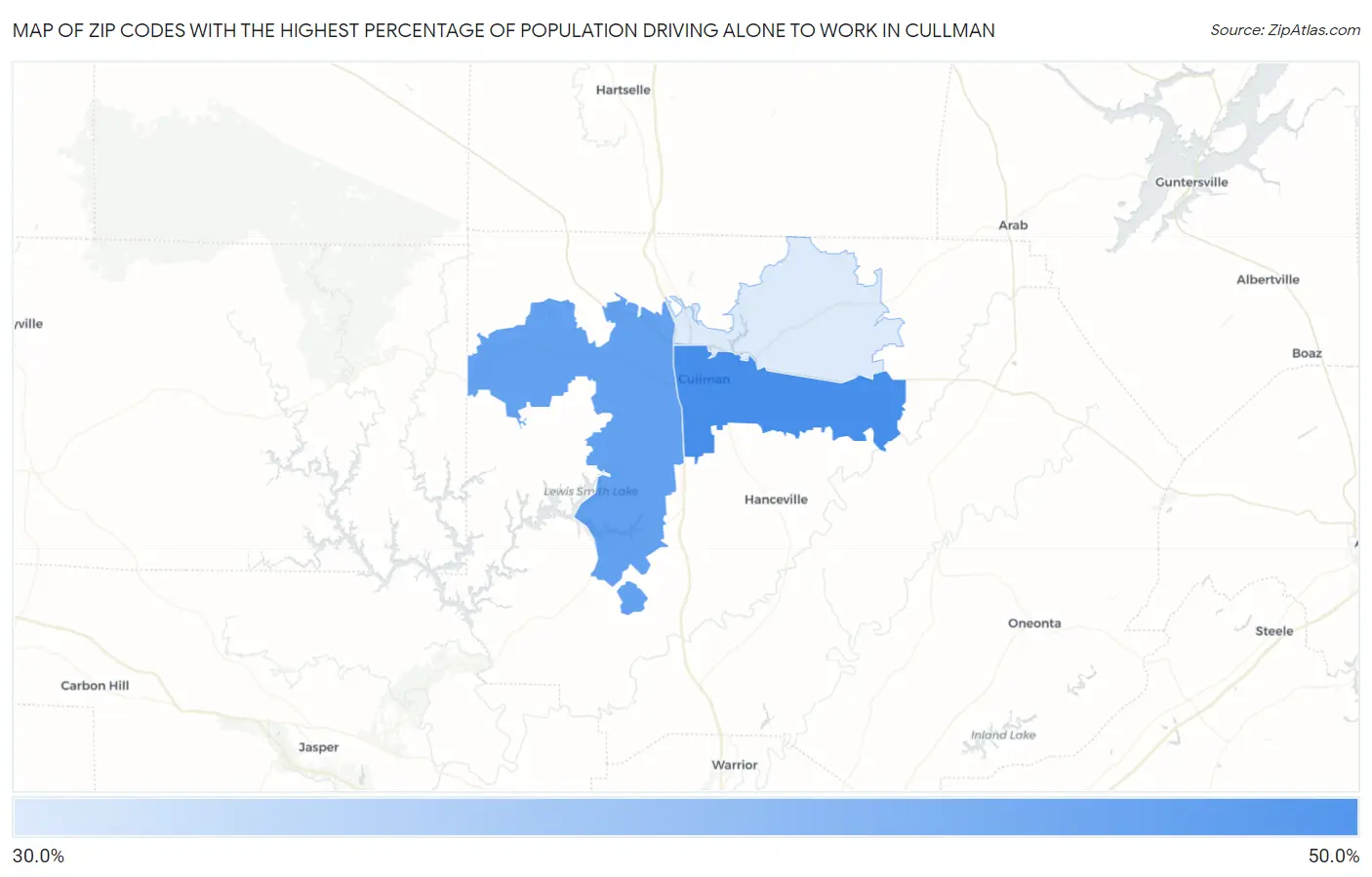 Zip Codes with the Highest Percentage of Population Driving Alone to Work in Cullman Map