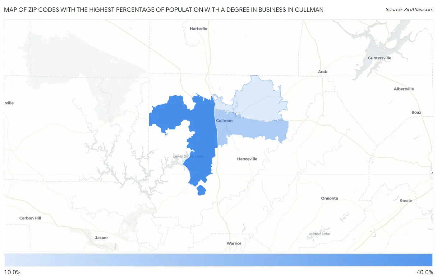 Zip Codes with the Highest Percentage of Population with a Degree in Business in Cullman Map
