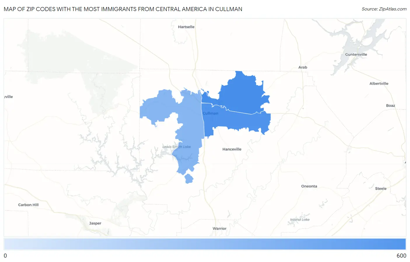 Zip Codes with the Most Immigrants from Central America in Cullman Map