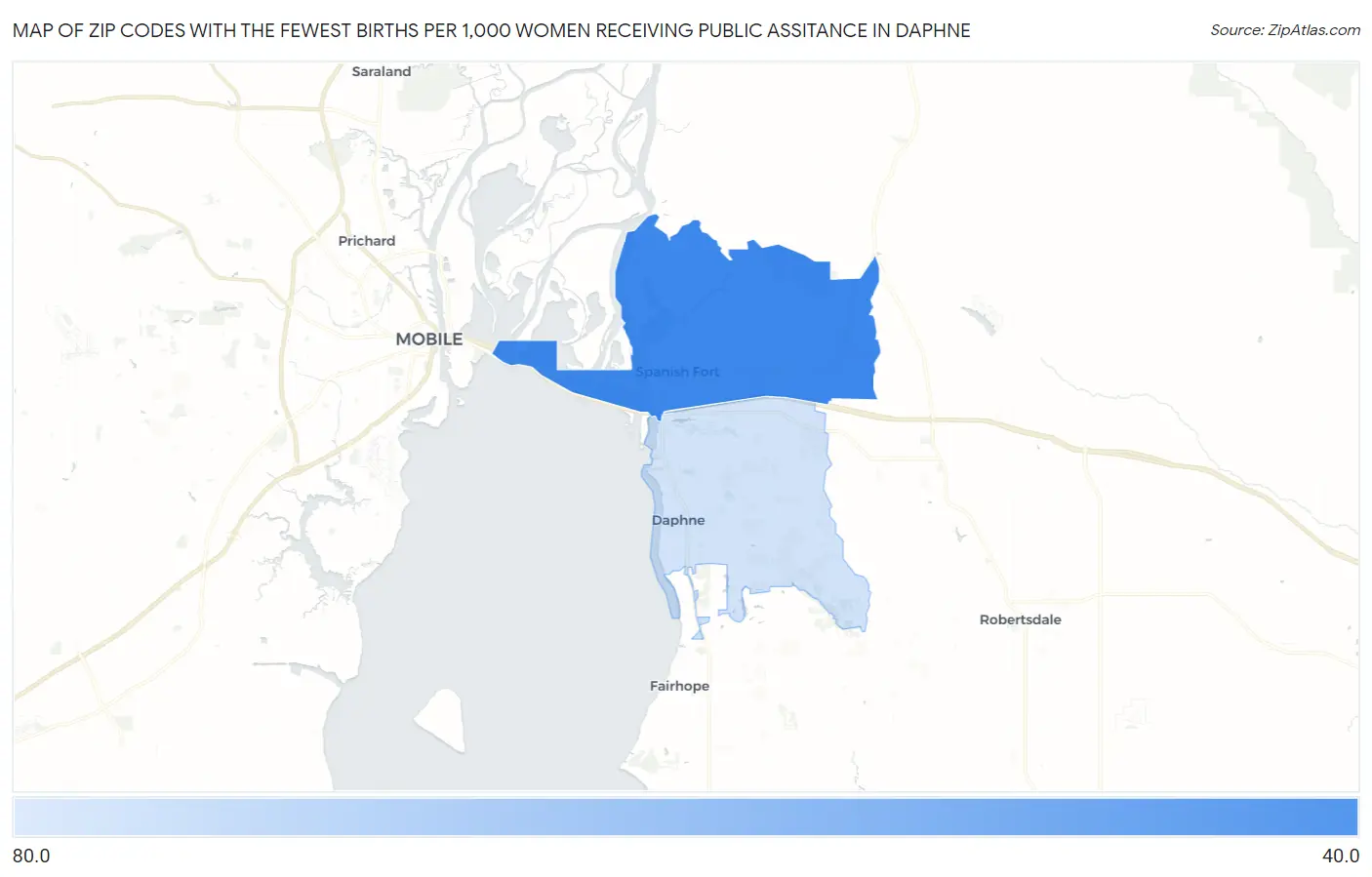 Zip Codes with the Fewest Births per 1,000 Women Receiving Public Assitance in Daphne Map