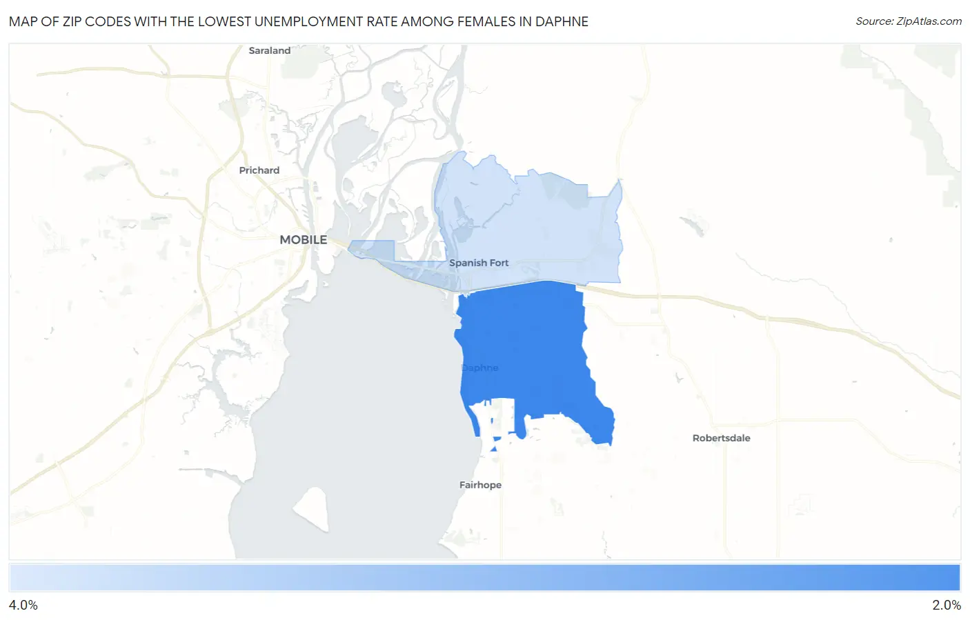 Zip Codes with the Lowest Unemployment Rate Among Females in Daphne Map