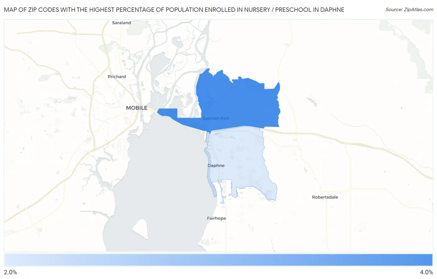 Zip Codes with the Highest Percentage of Population Enrolled in Nursery / Preschool in Daphne Map