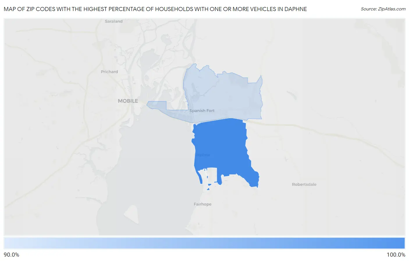 Zip Codes with the Highest Percentage of Households With One or more Vehicles in Daphne Map