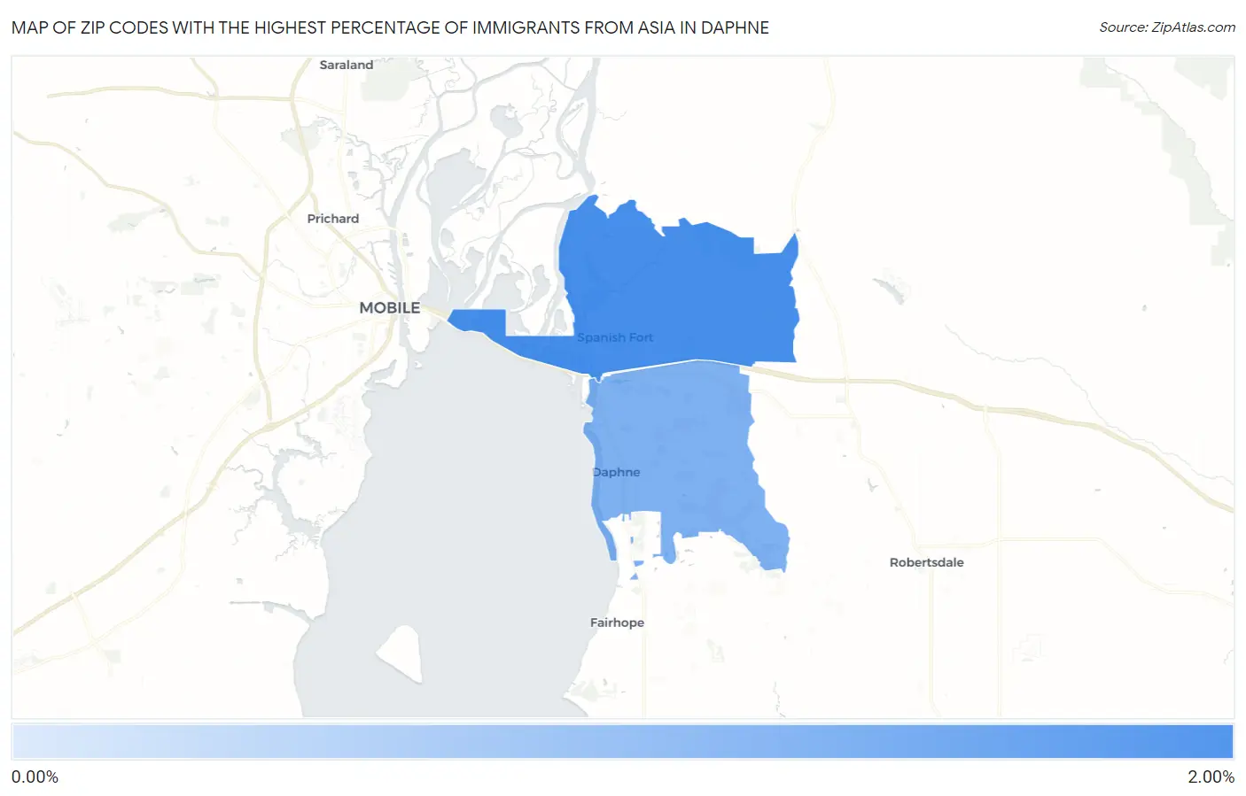 Zip Codes with the Highest Percentage of Immigrants from Asia in Daphne Map