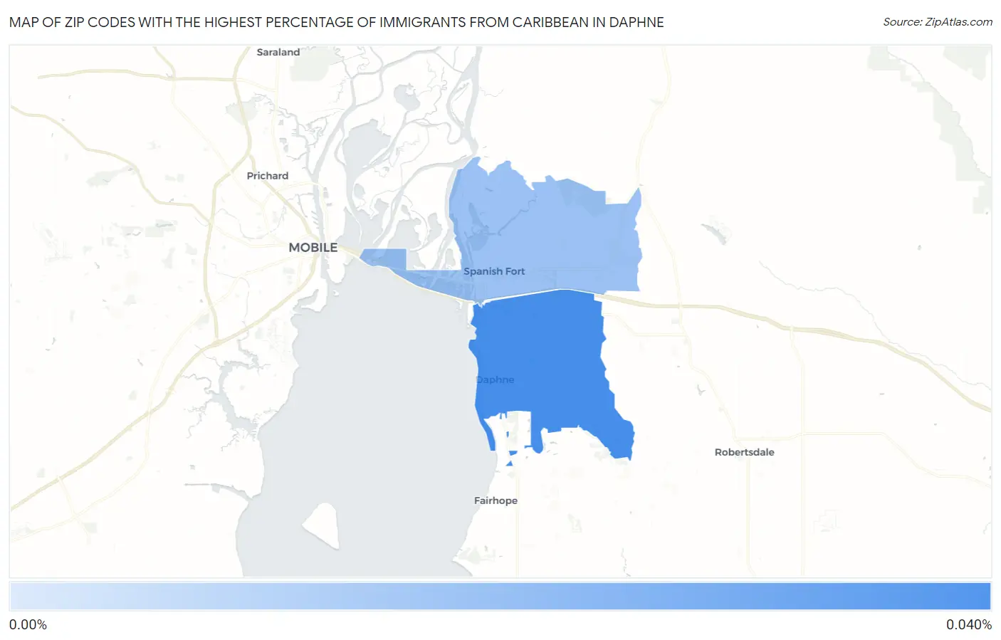 Zip Codes with the Highest Percentage of Immigrants from Caribbean in Daphne Map