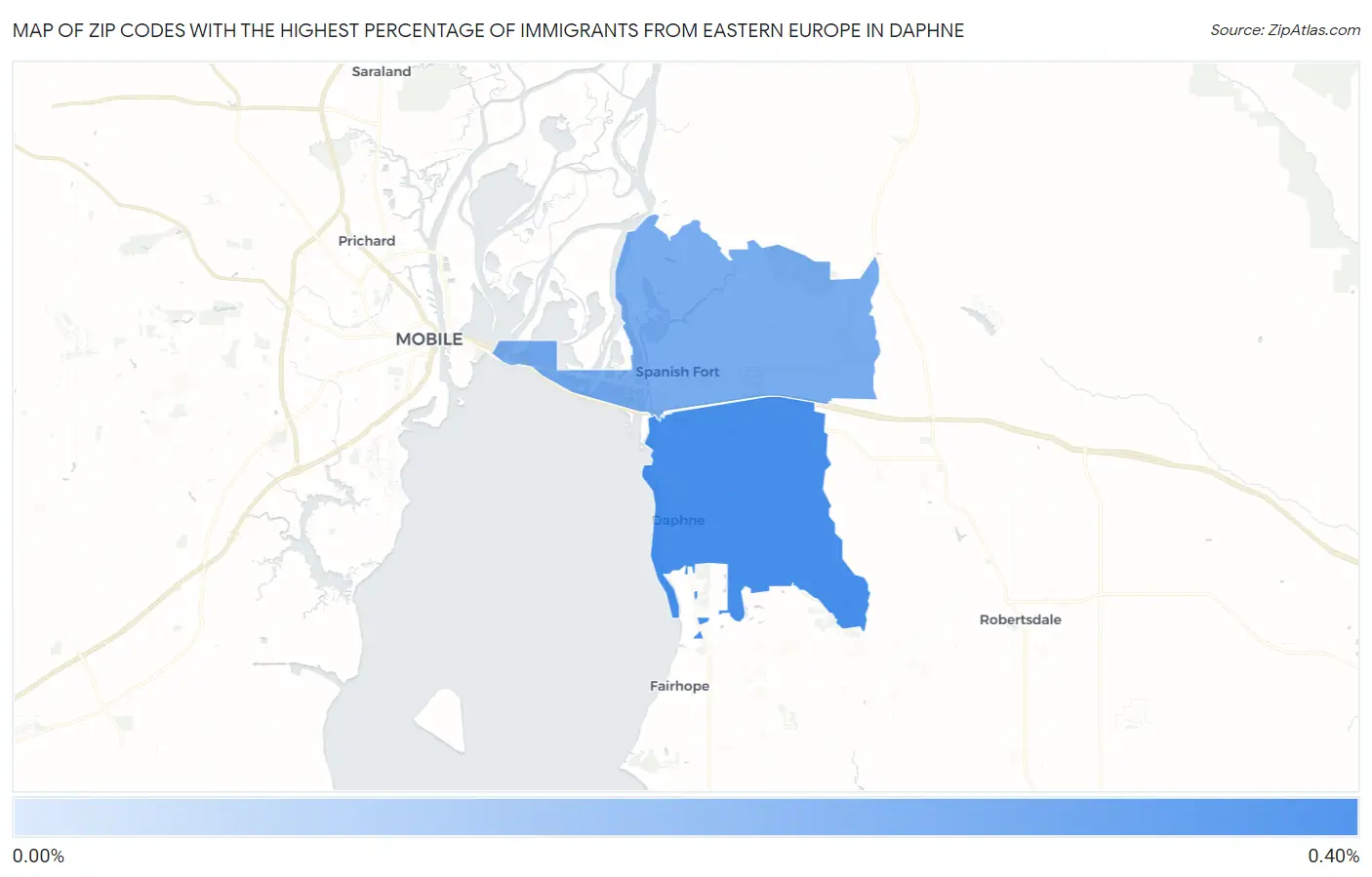 Zip Codes with the Highest Percentage of Immigrants from Eastern Europe in Daphne Map