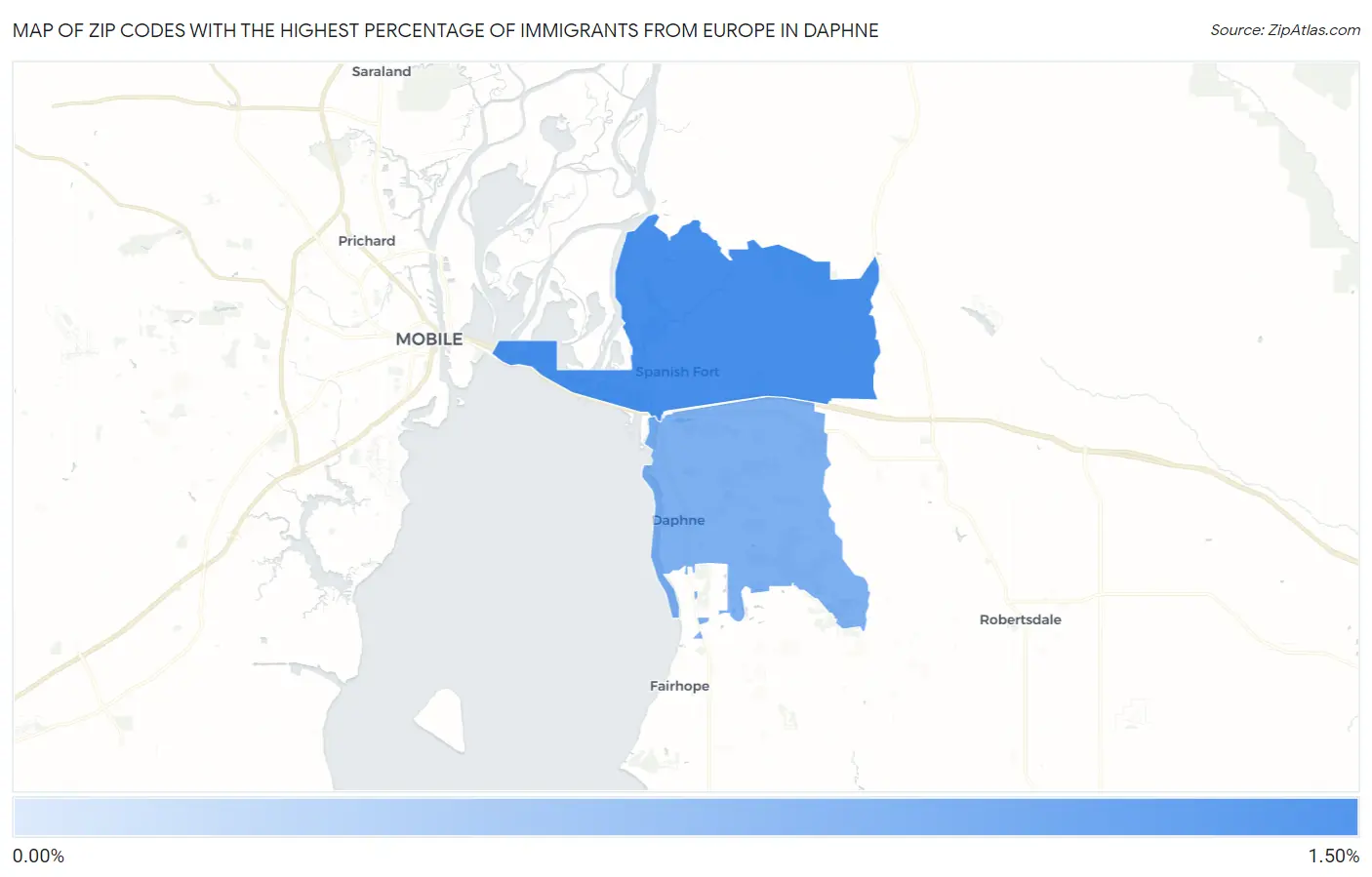 Zip Codes with the Highest Percentage of Immigrants from Europe in Daphne Map