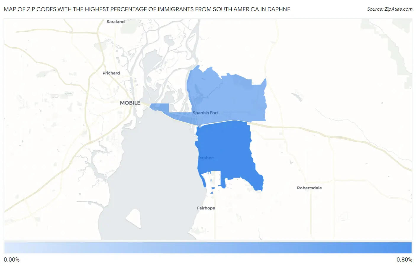 Zip Codes with the Highest Percentage of Immigrants from South America in Daphne Map