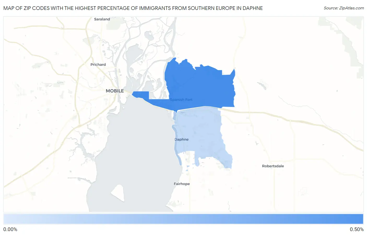 Zip Codes with the Highest Percentage of Immigrants from Southern Europe in Daphne Map