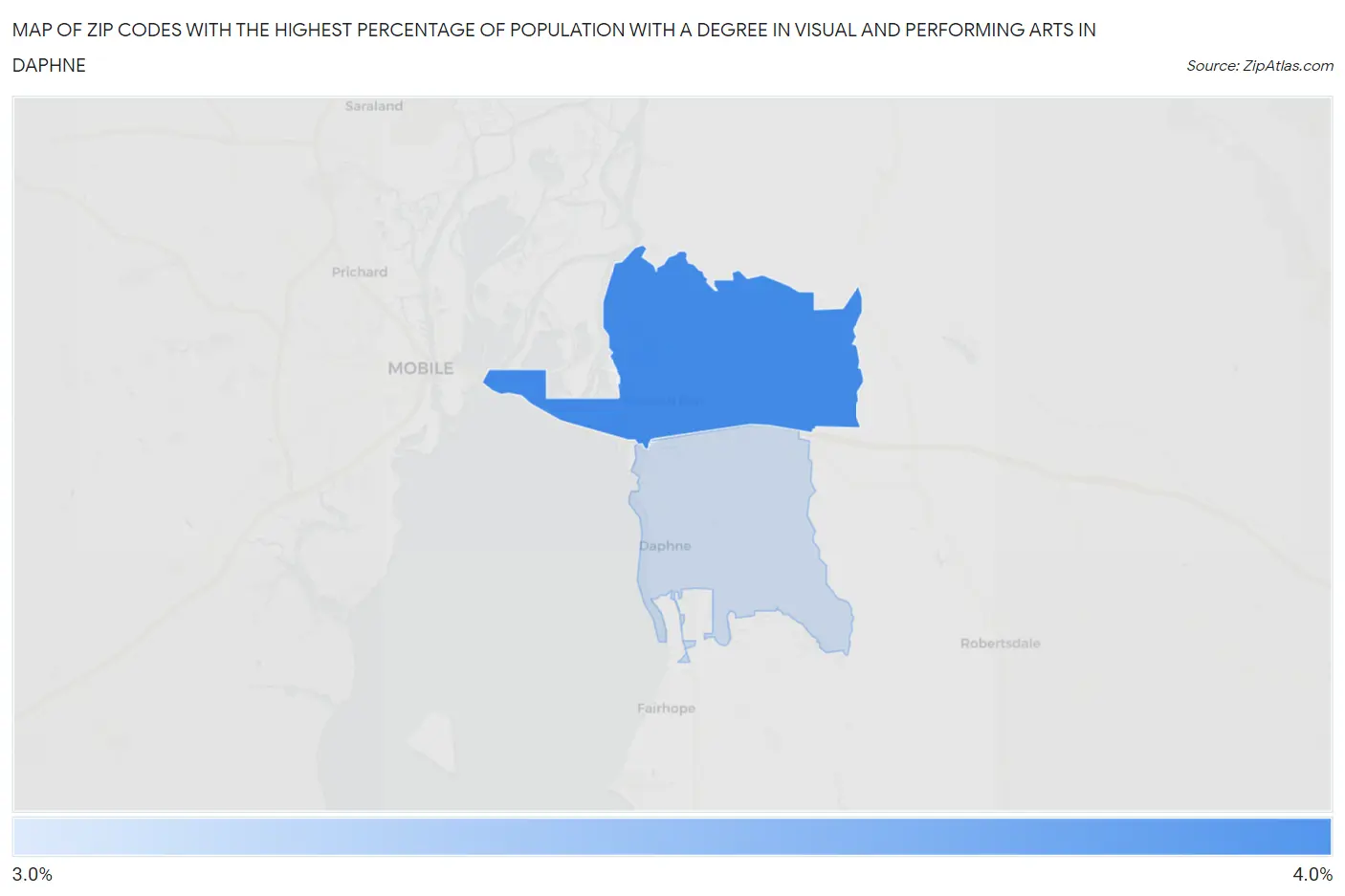 Zip Codes with the Highest Percentage of Population with a Degree in Visual and Performing Arts in Daphne Map