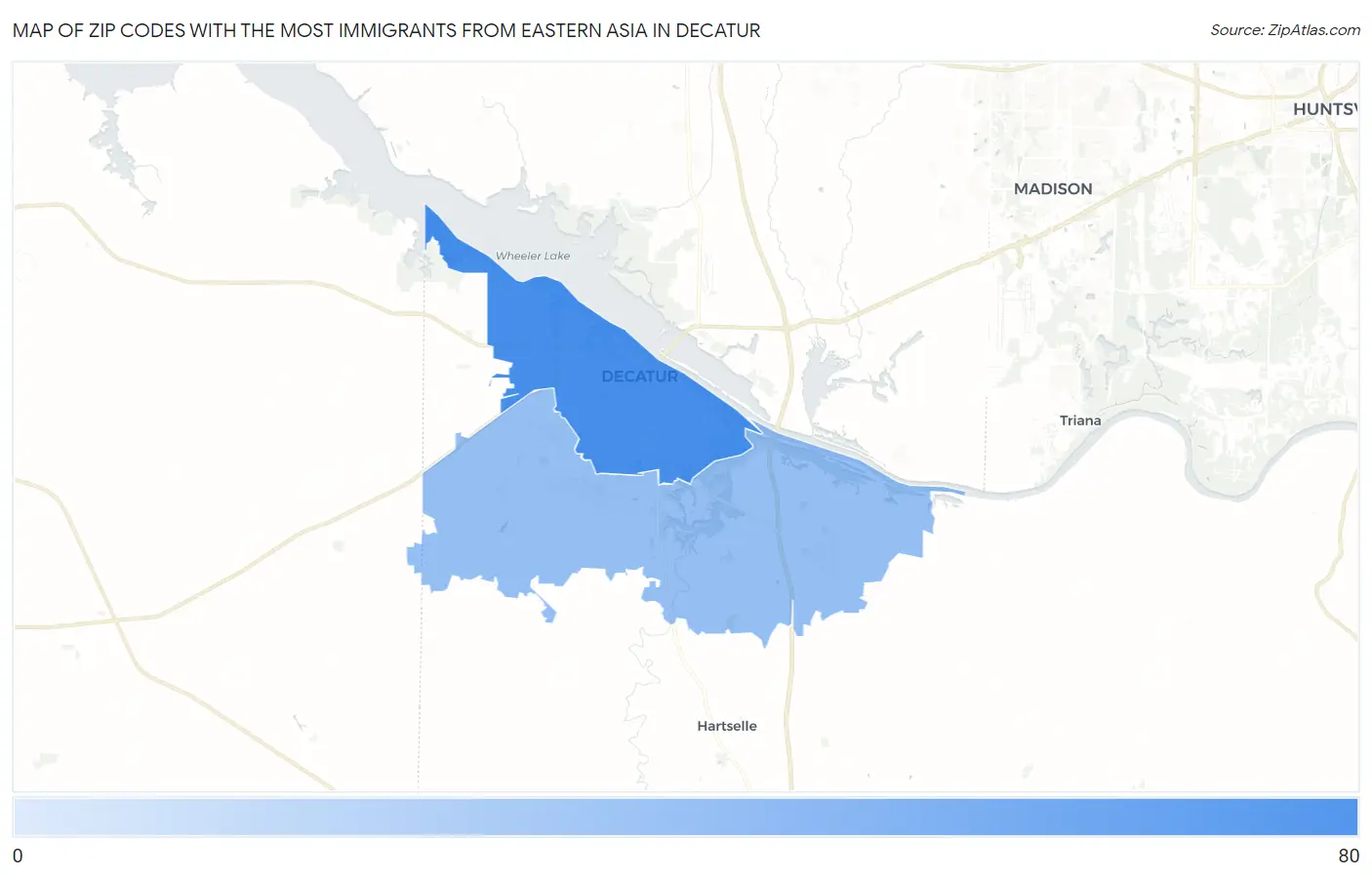 Zip Codes with the Most Immigrants from Eastern Asia in Decatur Map