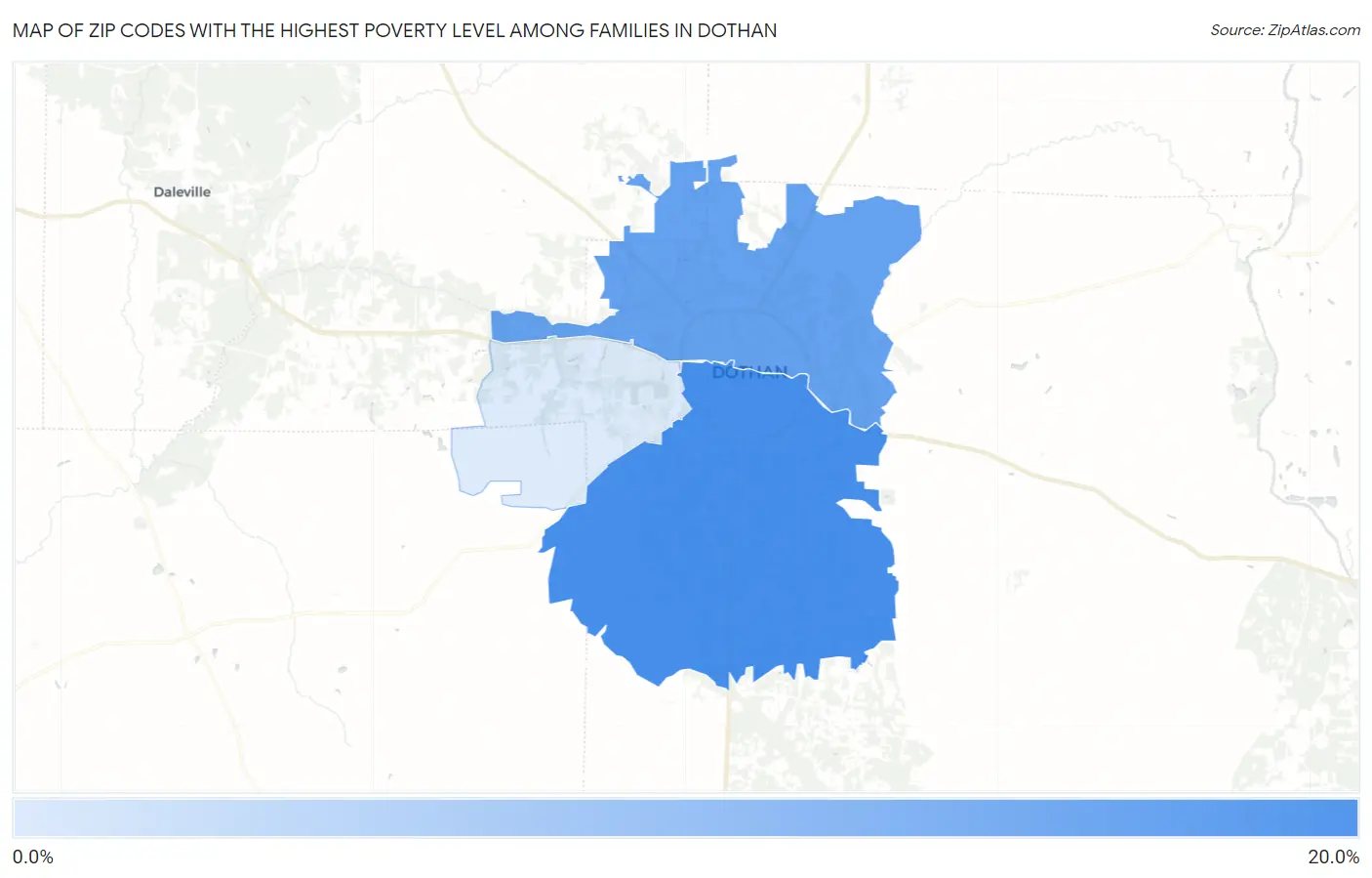 Zip Codes with the Highest Poverty Level Among Families in Dothan Map