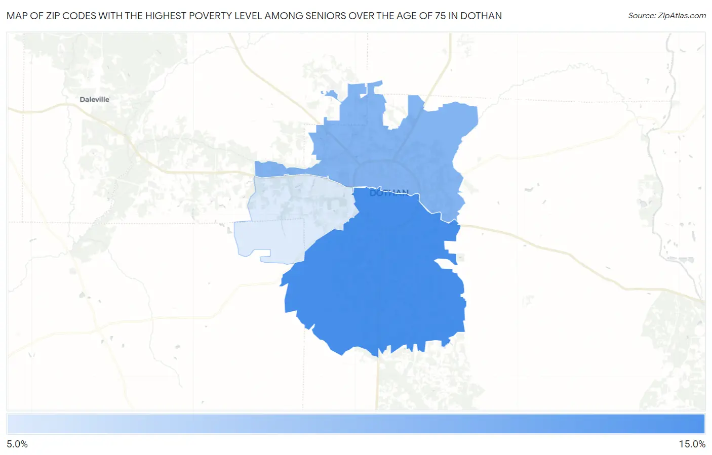 Zip Codes with the Highest Poverty Level Among Seniors Over the Age of 75 in Dothan Map