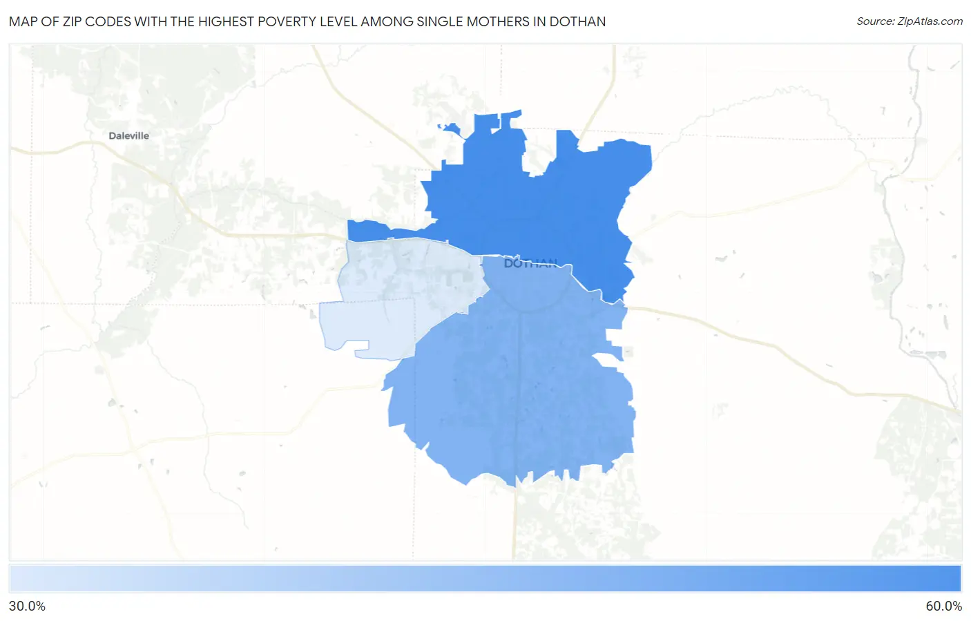 Zip Codes with the Highest Poverty Level Among Single Mothers in Dothan Map