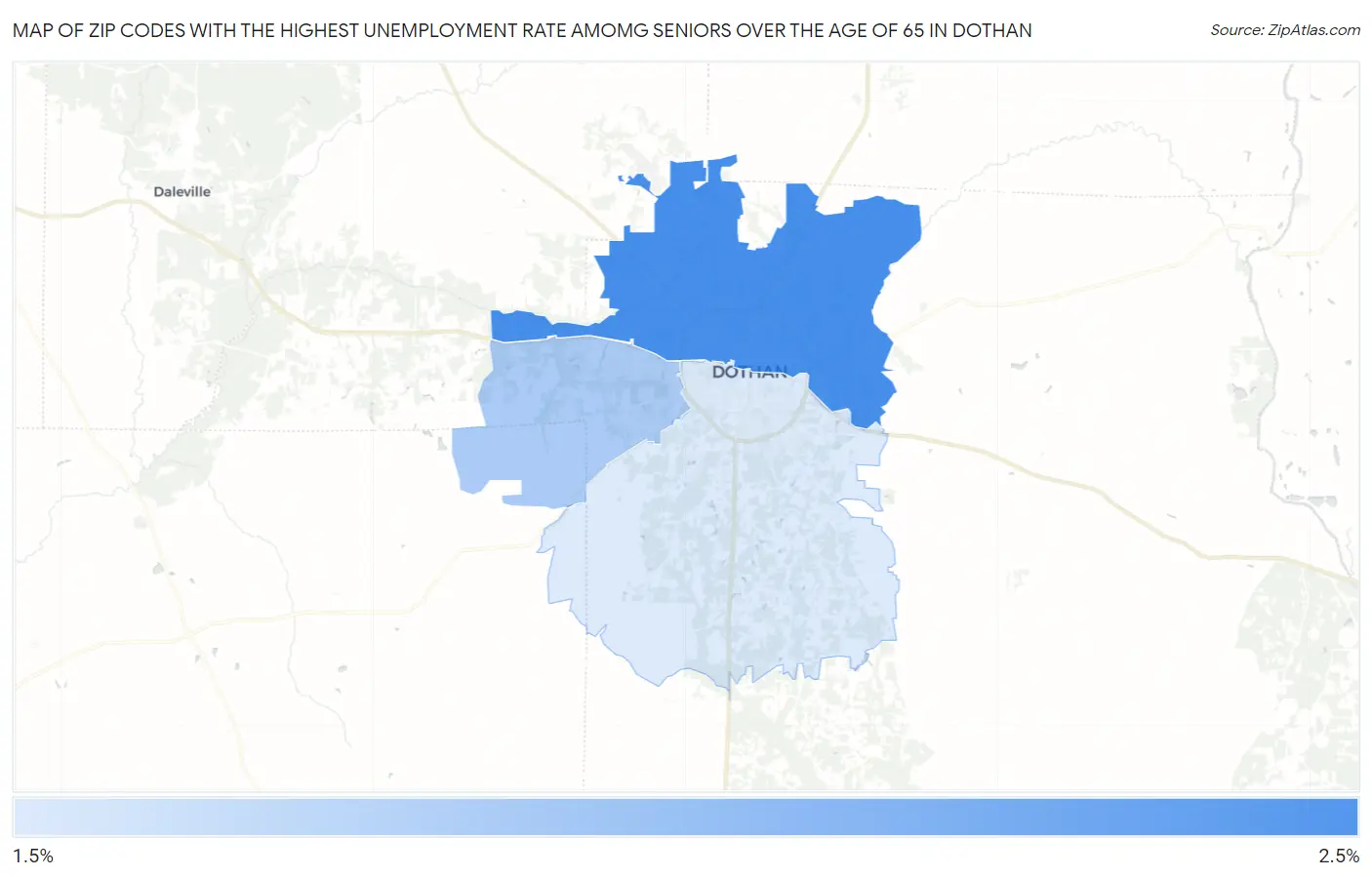 Zip Codes with the Highest Unemployment Rate Amomg Seniors Over the Age of 65 in Dothan Map