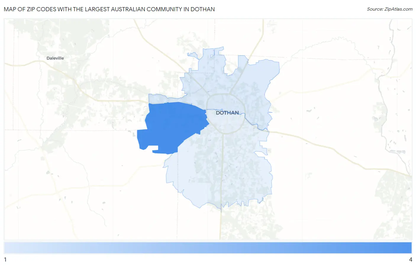 Zip Codes with the Largest Australian Community in Dothan Map
