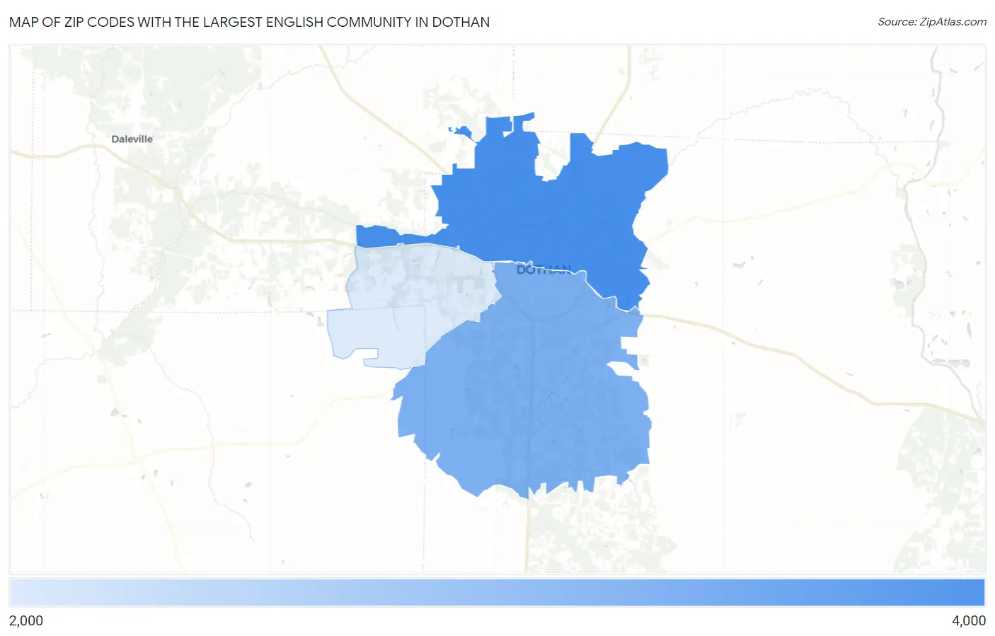 Zip Codes with the Largest English Community in Dothan Map