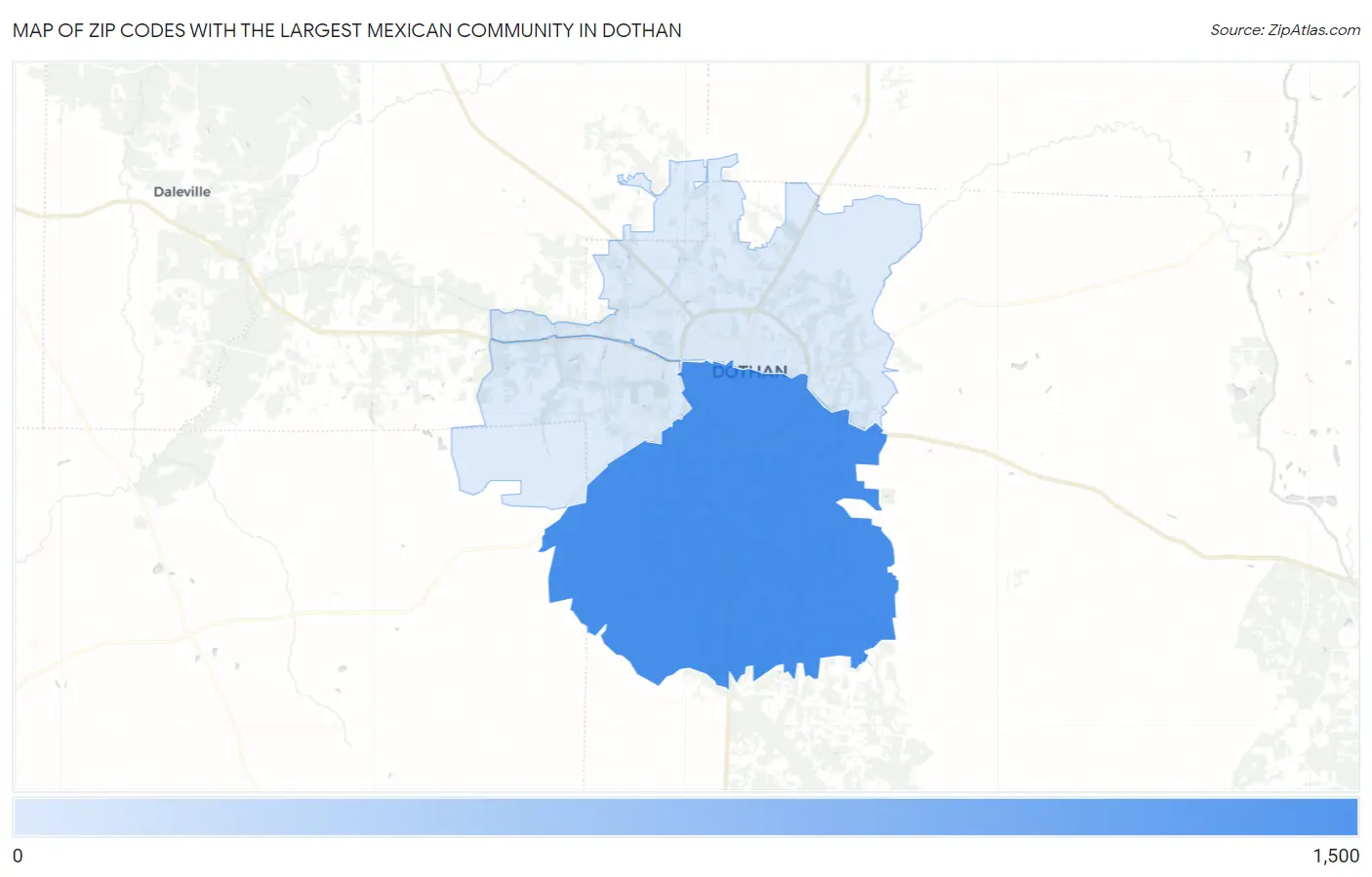 Zip Codes with the Largest Mexican Community in Dothan Map