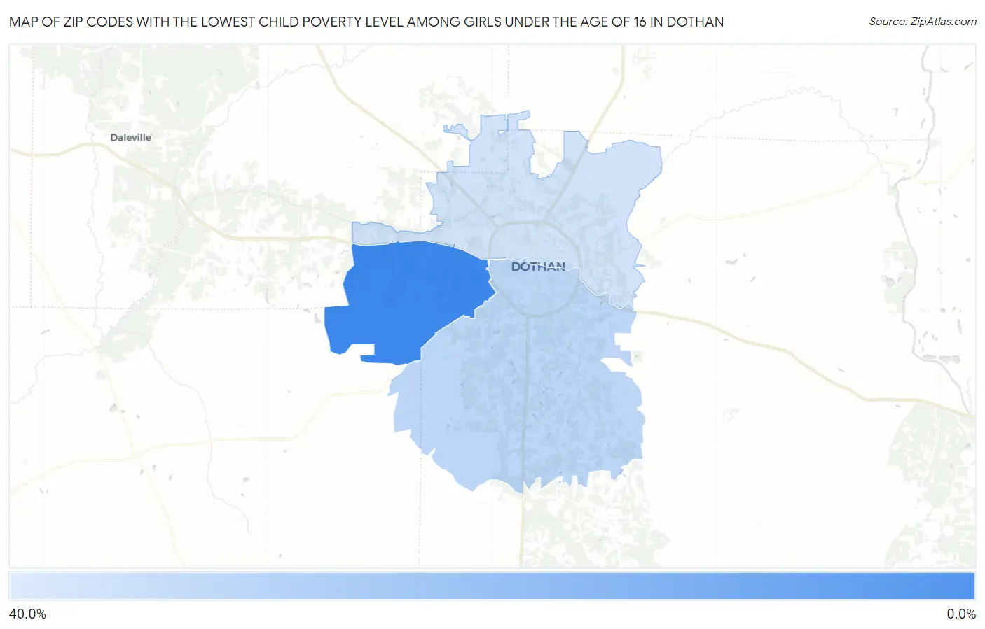 Zip Codes with the Lowest Child Poverty Level Among Girls Under the Age of 16 in Dothan Map