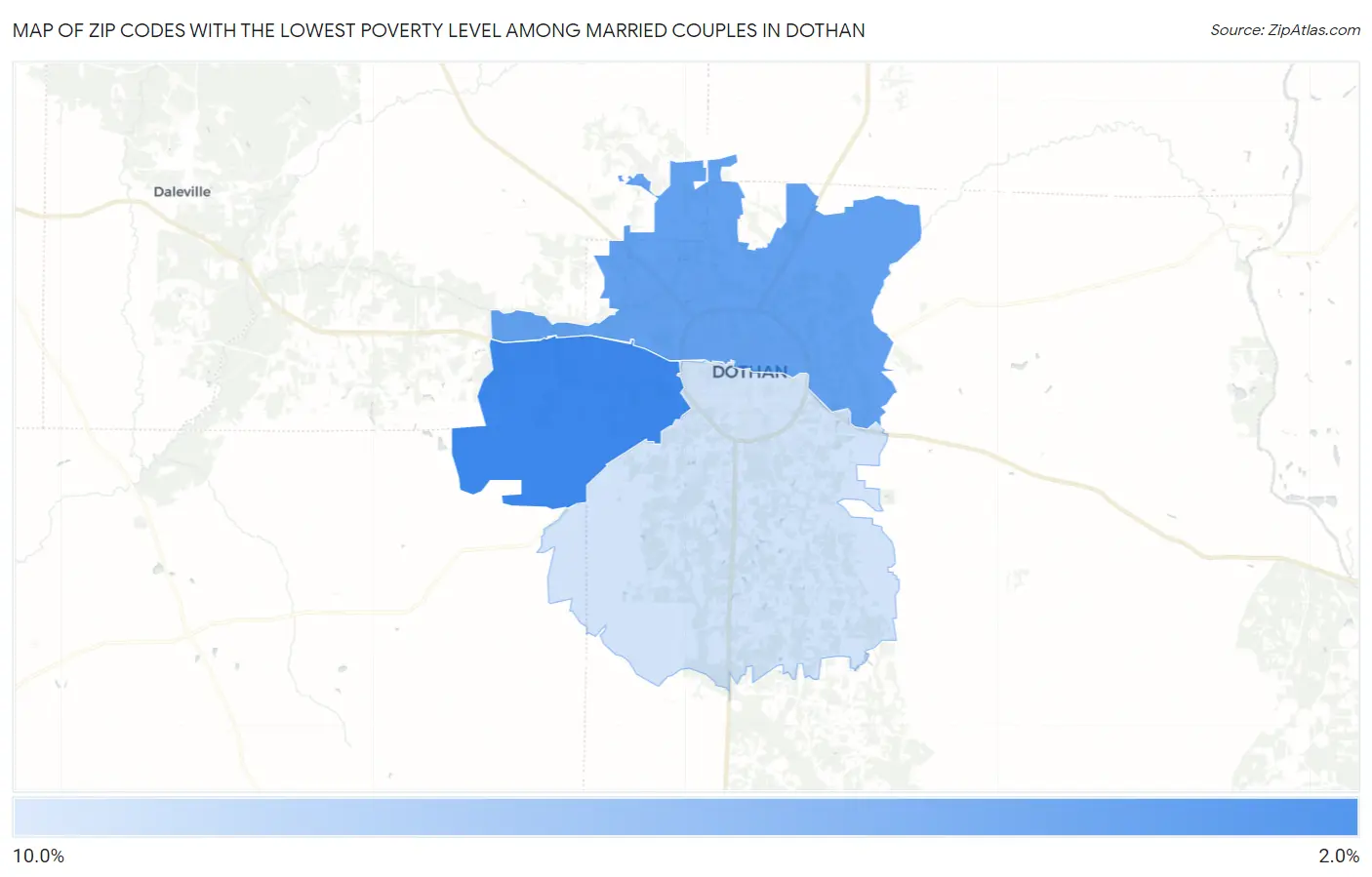 Zip Codes with the Lowest Poverty Level Among Married Couples in Dothan Map