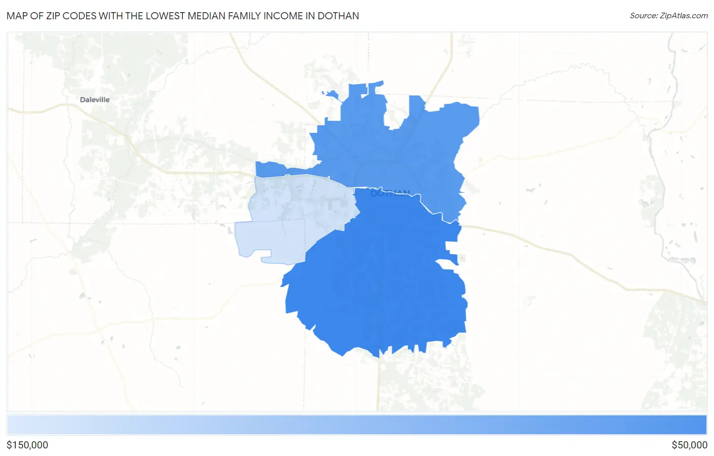 Zip Codes with the Lowest Median Family Income in Dothan Map