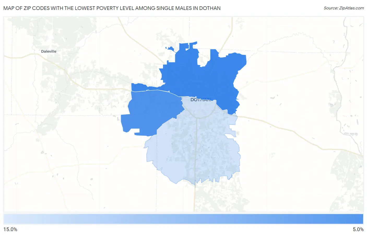 Zip Codes with the Lowest Poverty Level Among Single Males in Dothan Map