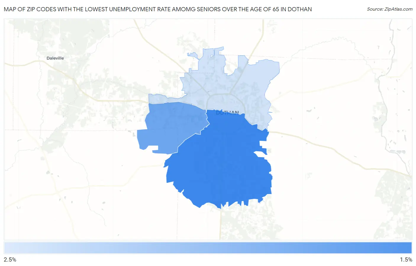 Zip Codes with the Lowest Unemployment Rate Amomg Seniors Over the Age of 65 in Dothan Map