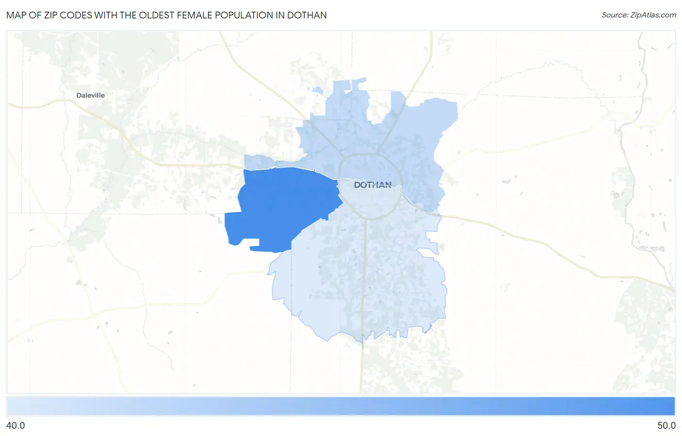 Zip Codes with the Oldest Female Population in Dothan Map