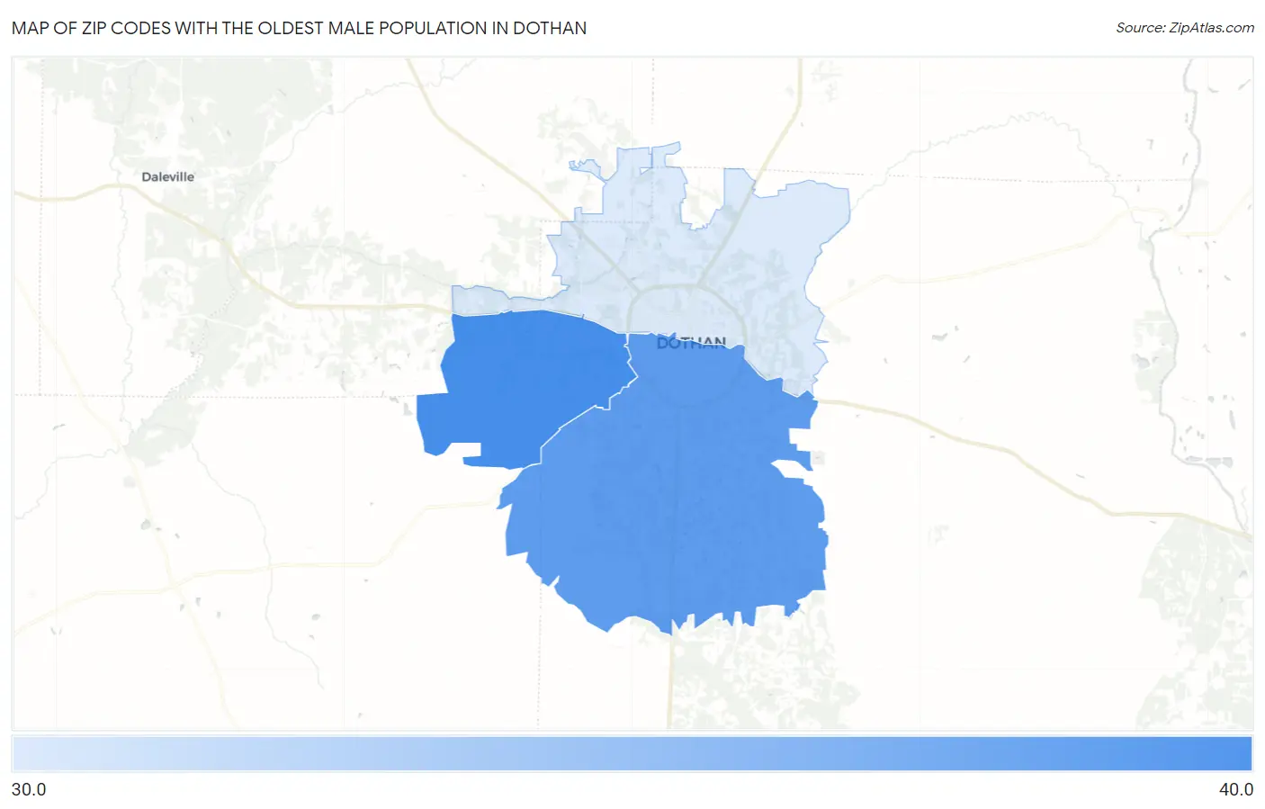 Zip Codes with the Oldest Male Population in Dothan Map