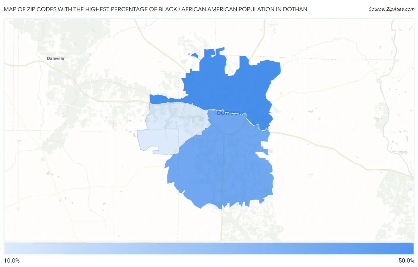 Zip Codes with the Highest Percentage of Black / African American Population in Dothan Map