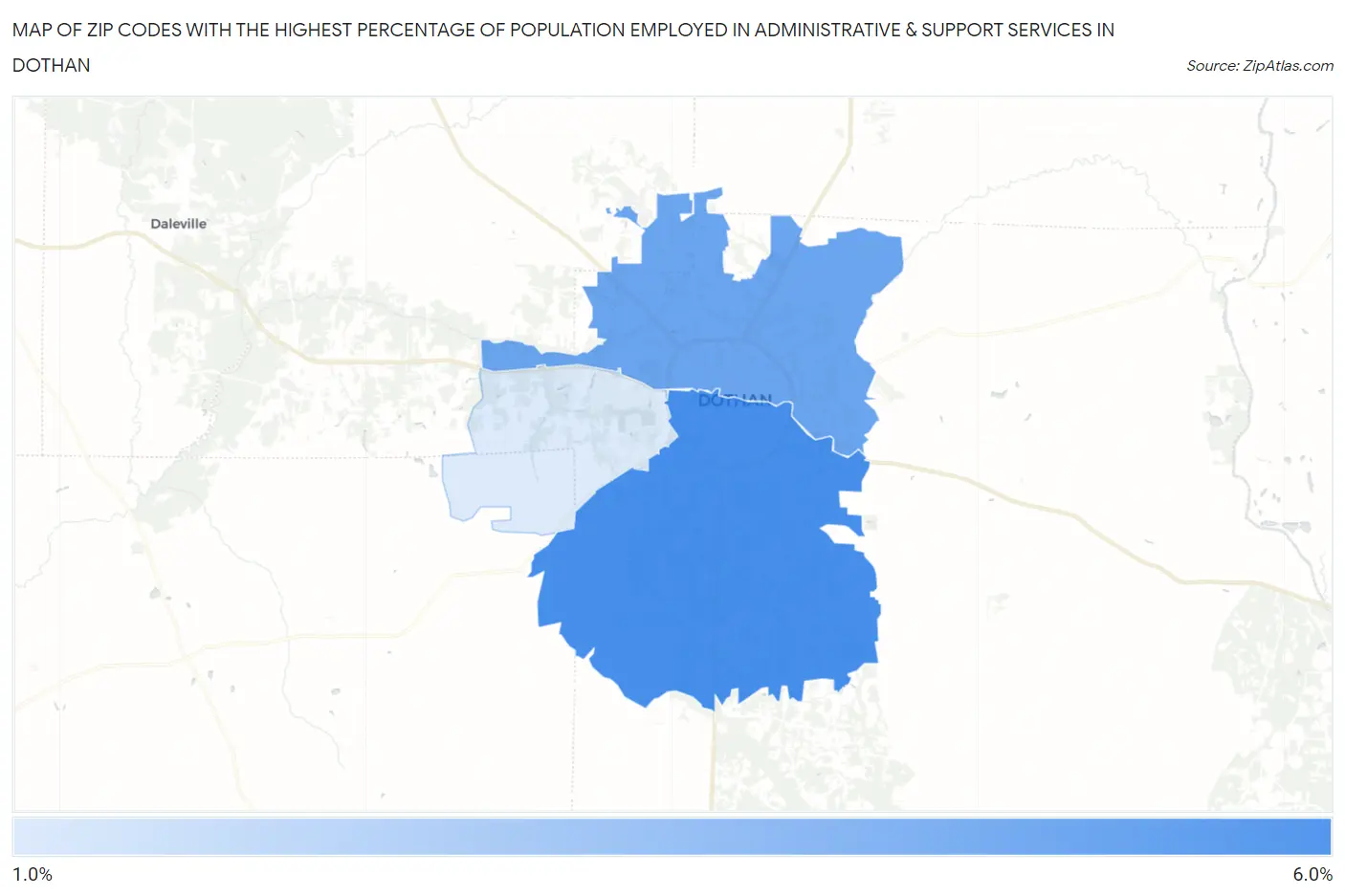 Zip Codes with the Highest Percentage of Population Employed in Administrative & Support Services in Dothan Map