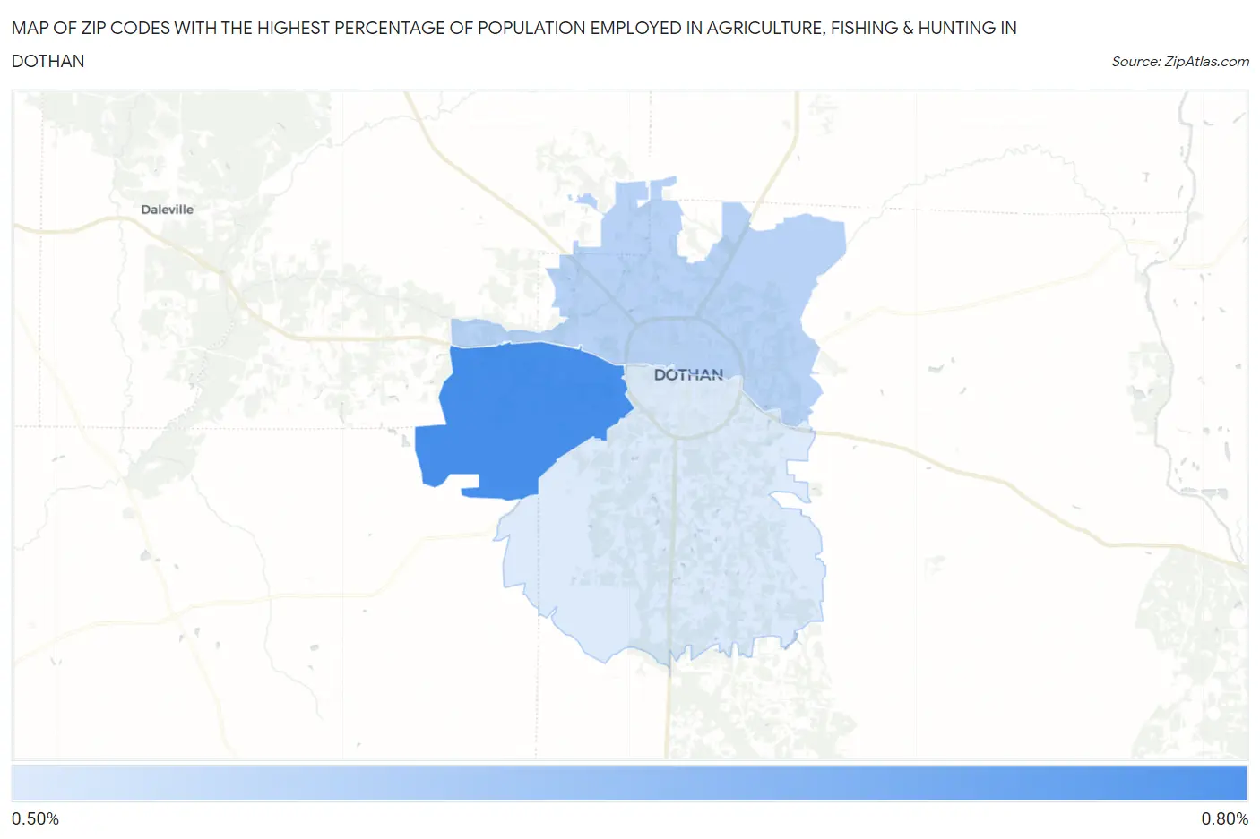 Zip Codes with the Highest Percentage of Population Employed in Agriculture, Fishing & Hunting in Dothan Map