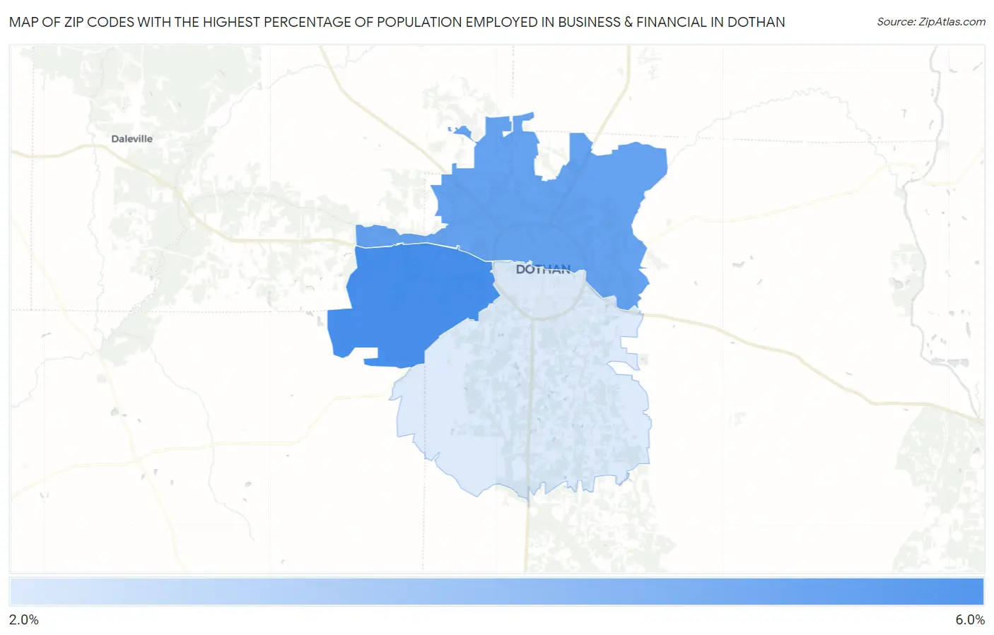 Zip Codes with the Highest Percentage of Population Employed in Business & Financial in Dothan Map