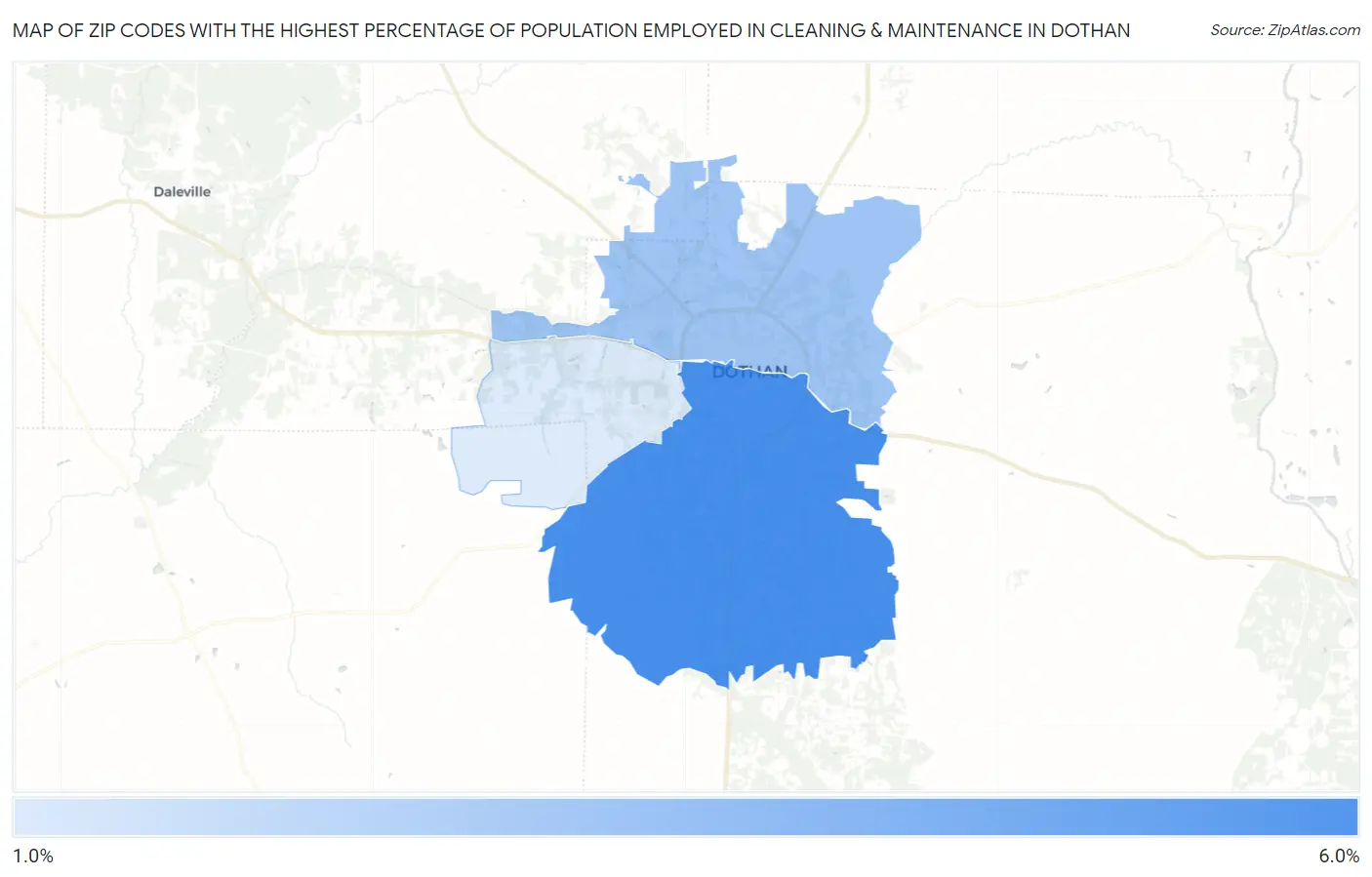 Zip Codes with the Highest Percentage of Population Employed in Cleaning & Maintenance in Dothan Map
