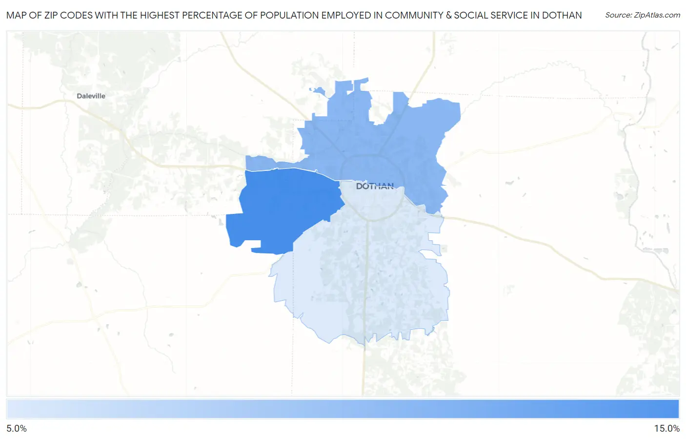 Zip Codes with the Highest Percentage of Population Employed in Community & Social Service  in Dothan Map