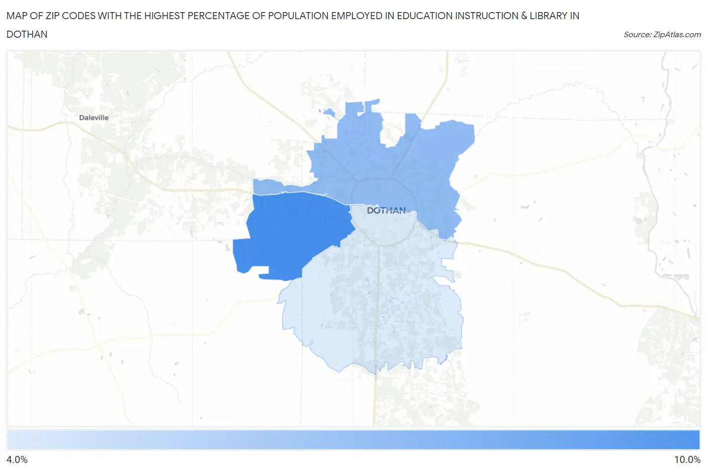 Zip Codes with the Highest Percentage of Population Employed in Education Instruction & Library in Dothan Map