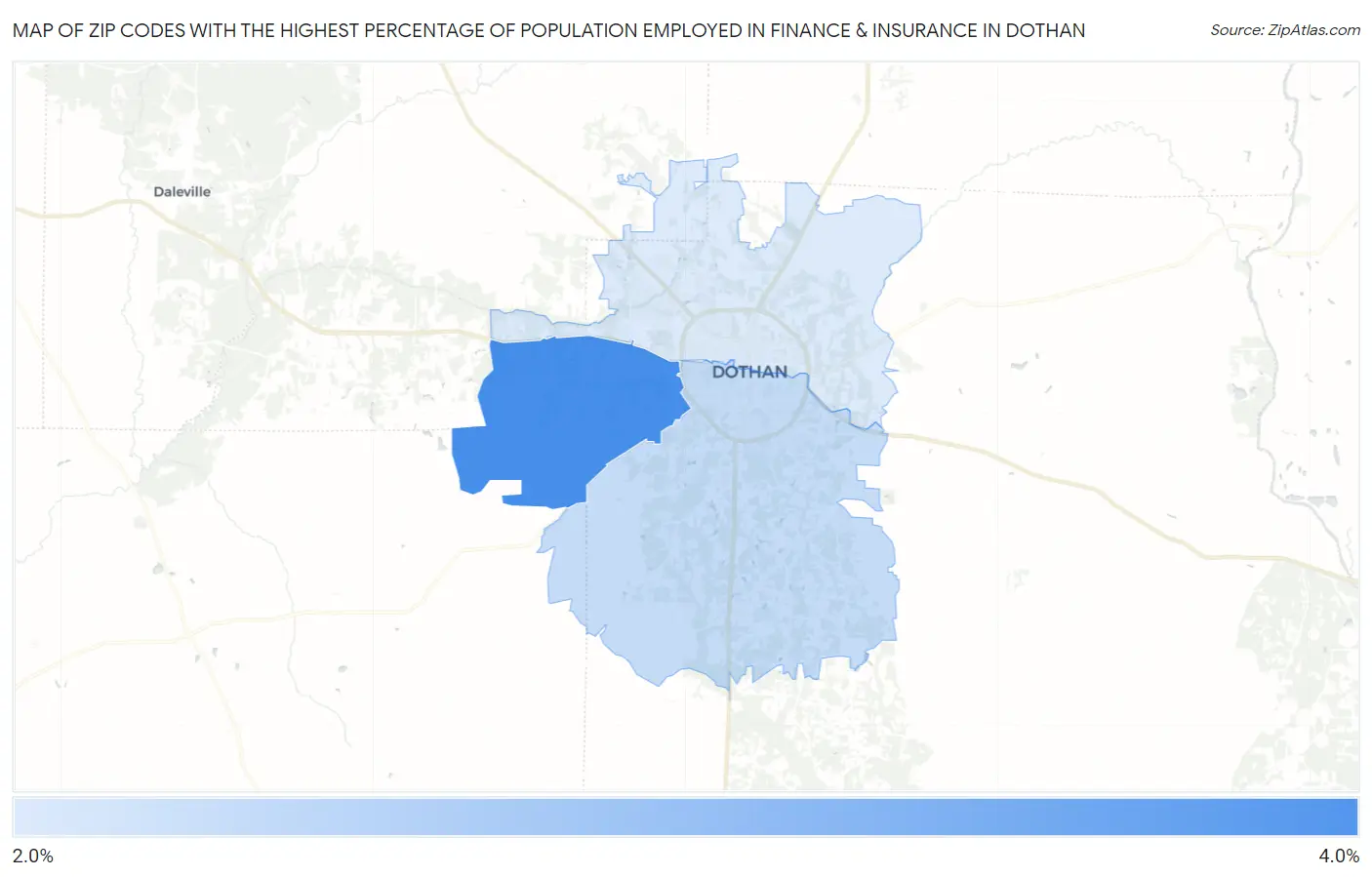Zip Codes with the Highest Percentage of Population Employed in Finance & Insurance in Dothan Map