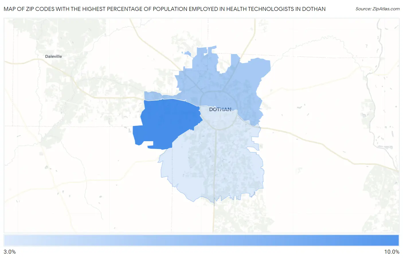 Zip Codes with the Highest Percentage of Population Employed in Health Technologists in Dothan Map