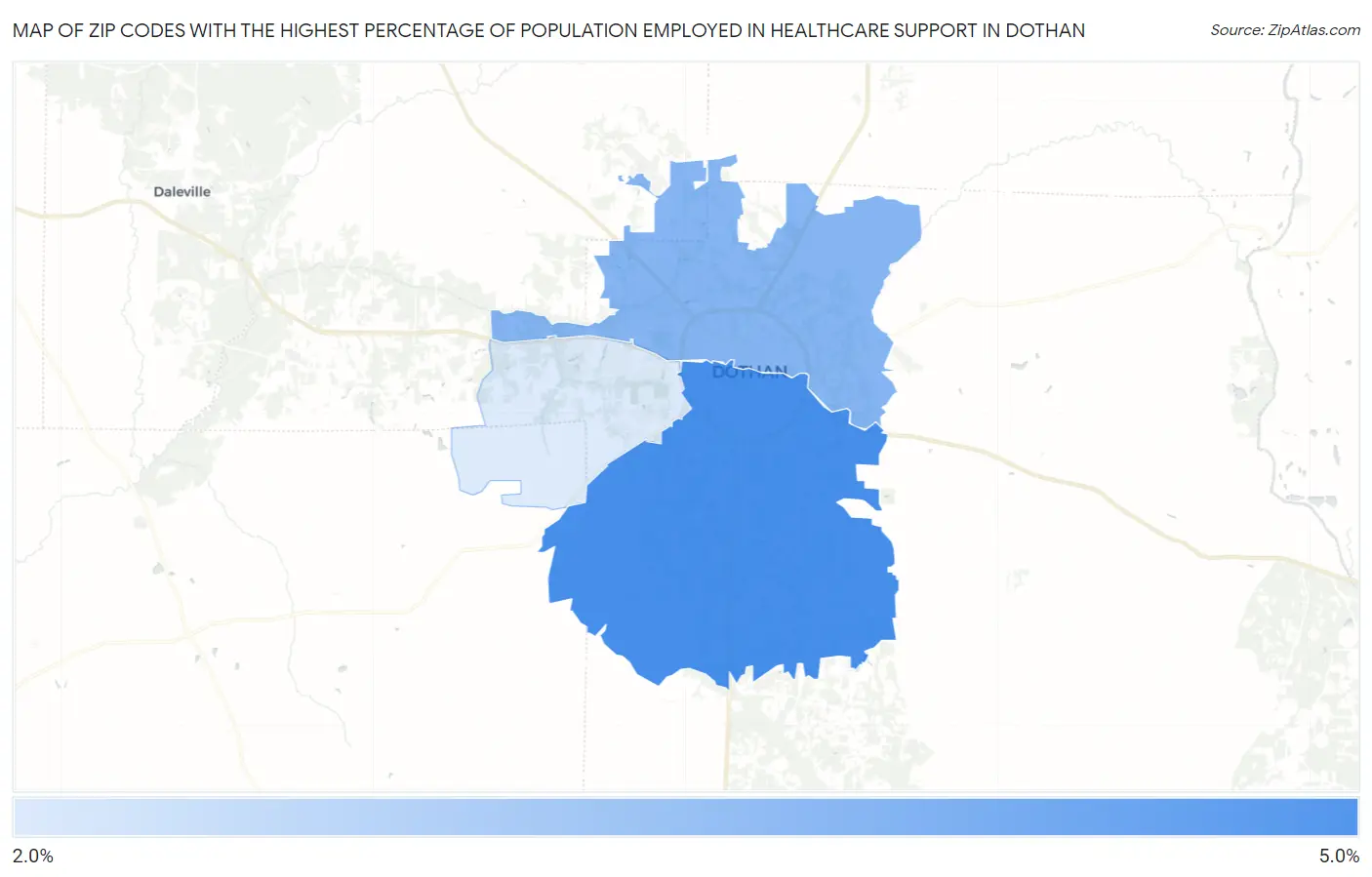 Zip Codes with the Highest Percentage of Population Employed in Healthcare Support in Dothan Map