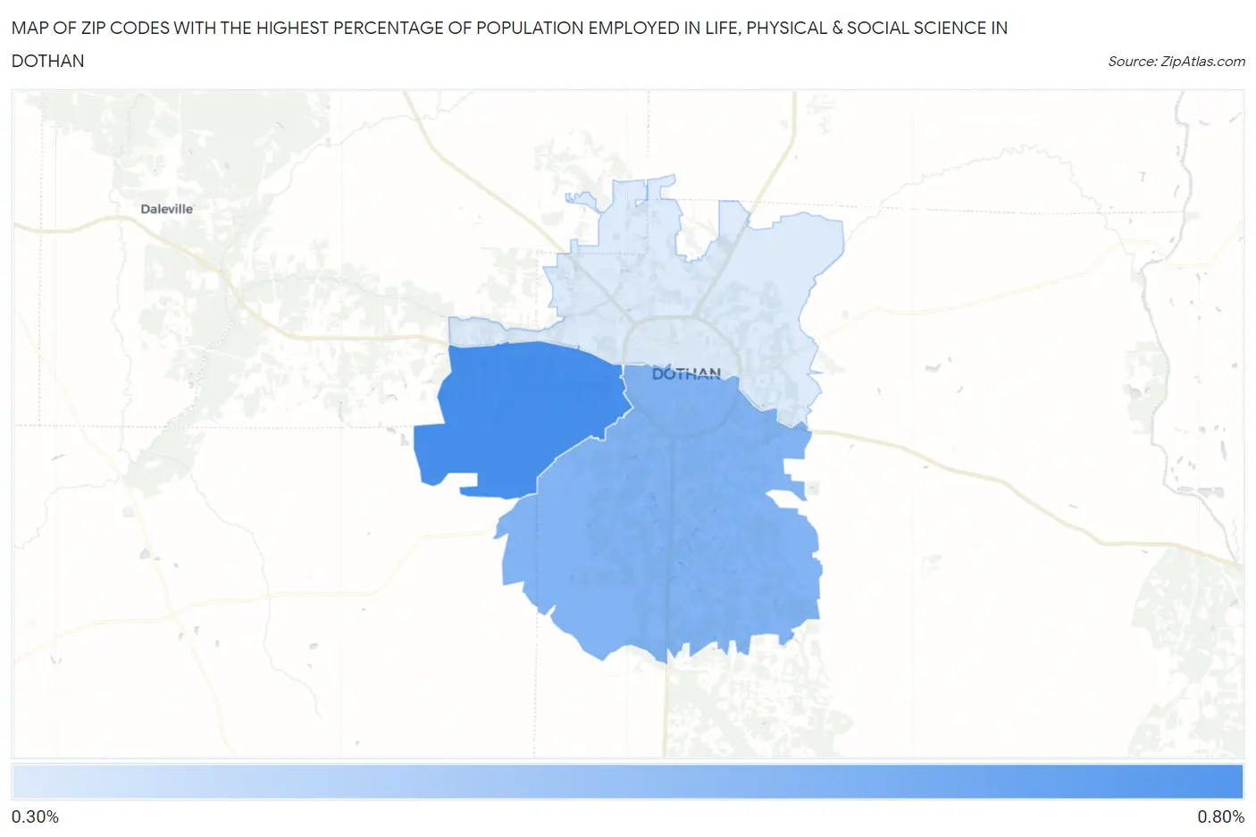 Zip Codes with the Highest Percentage of Population Employed in Life, Physical & Social Science in Dothan Map