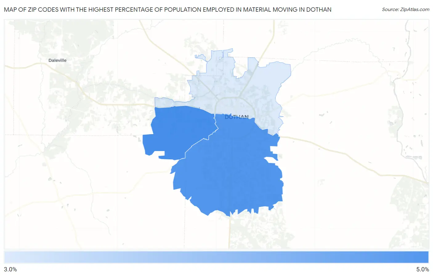 Zip Codes with the Highest Percentage of Population Employed in Material Moving in Dothan Map